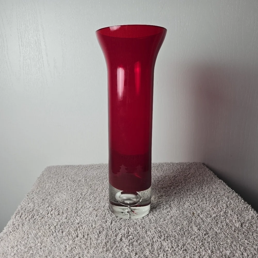 Vintage Amberina 12-inch Art Glass Vase Clear Floating Bubble Base